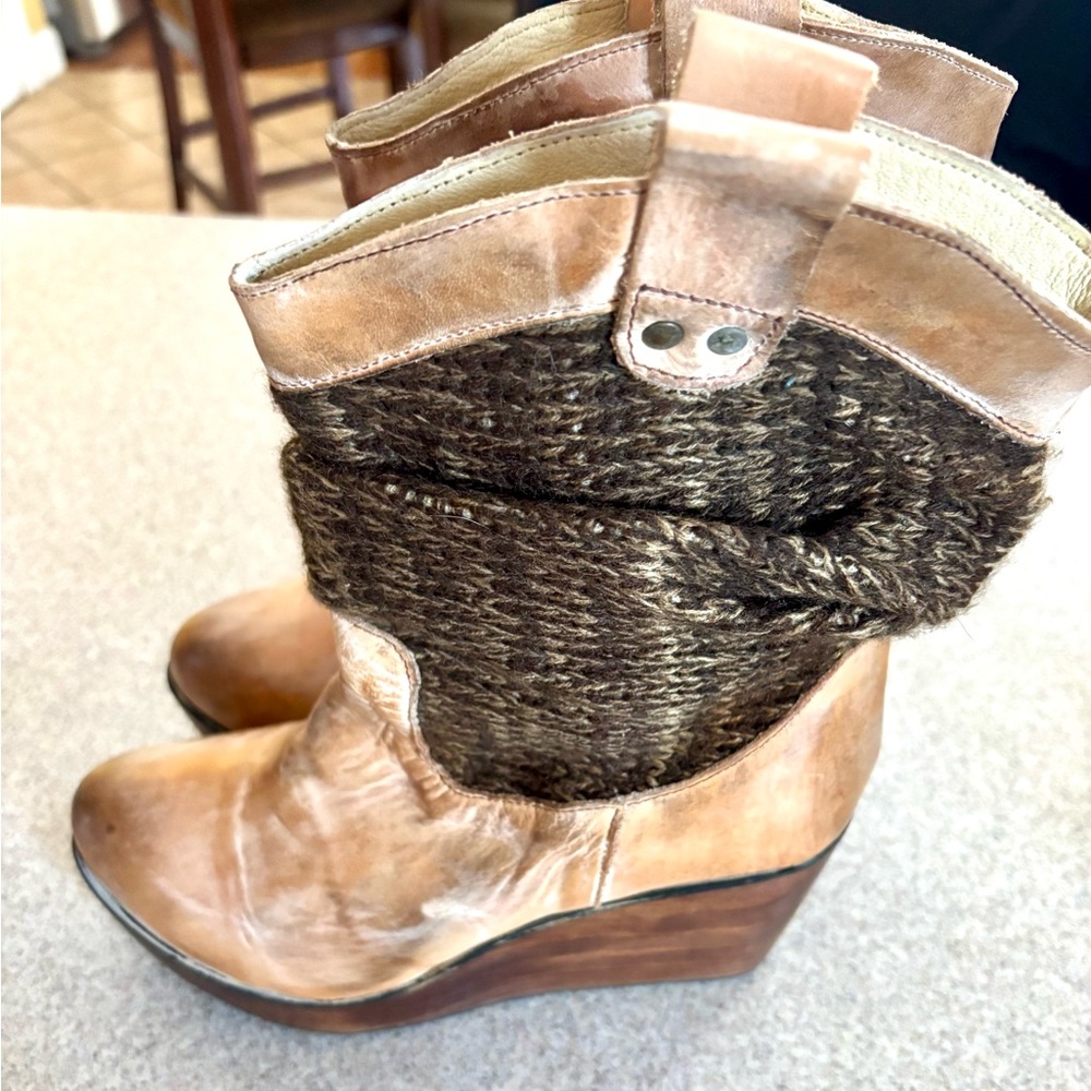 Bed Stu Bruges Knit Slouch Wedge Boots - Tan Rustic Leather -8.5 w BOX - Flaw - Picture 4 of 10